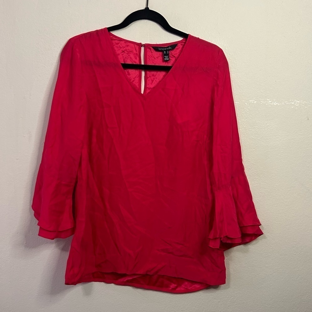 Long Tall Sally Double Flute Sleeve Silk Top in Bright Pink